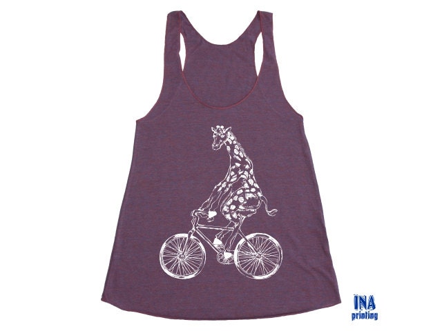 Tank Top Womens GIRAFFE on BICYCLE - American Apparel Tri-Blend Racerback Cranberry S M L  (6 Colors Available)