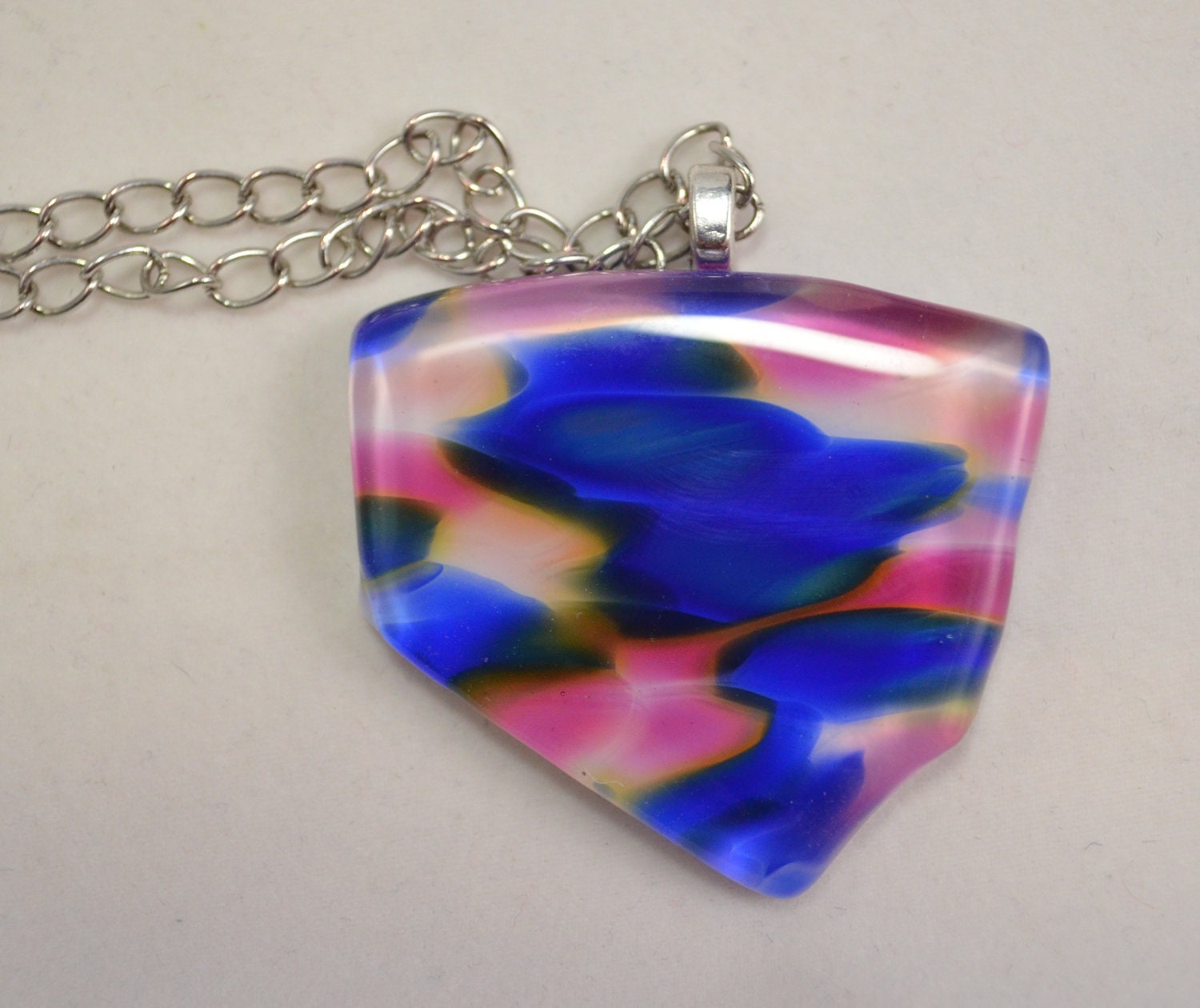 Pink and blue fused recycled glass pendant necklace on silver chain jewelry OOAK handmade