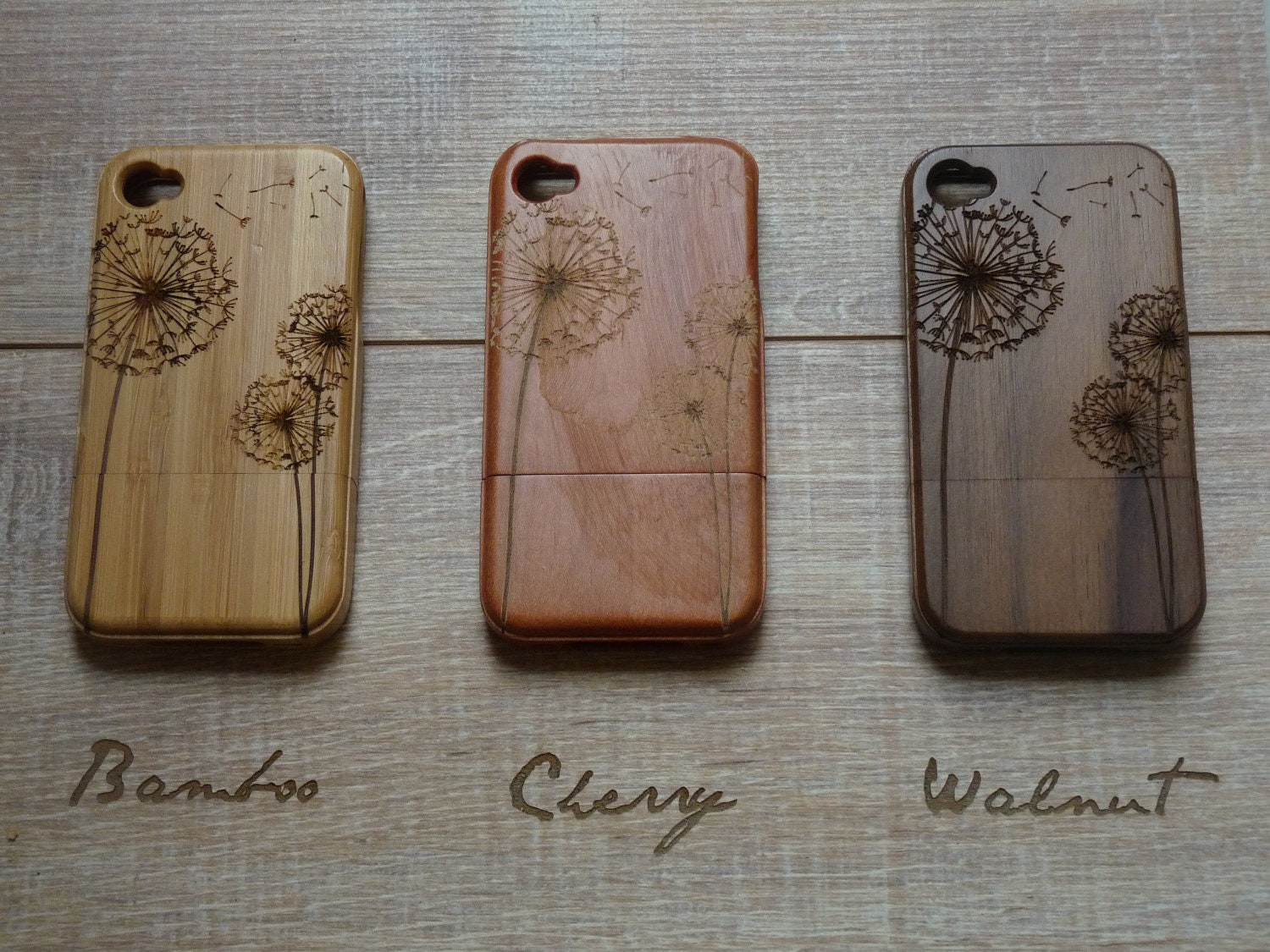 Iphone 4 case - wooden cases bamboo, cherry and walnut wood - Dandelion - laser engraved
