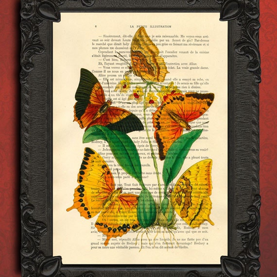 Floral butterflies vintage home decor dictionary print - upcycled French dictionary art print - butterfly book page print