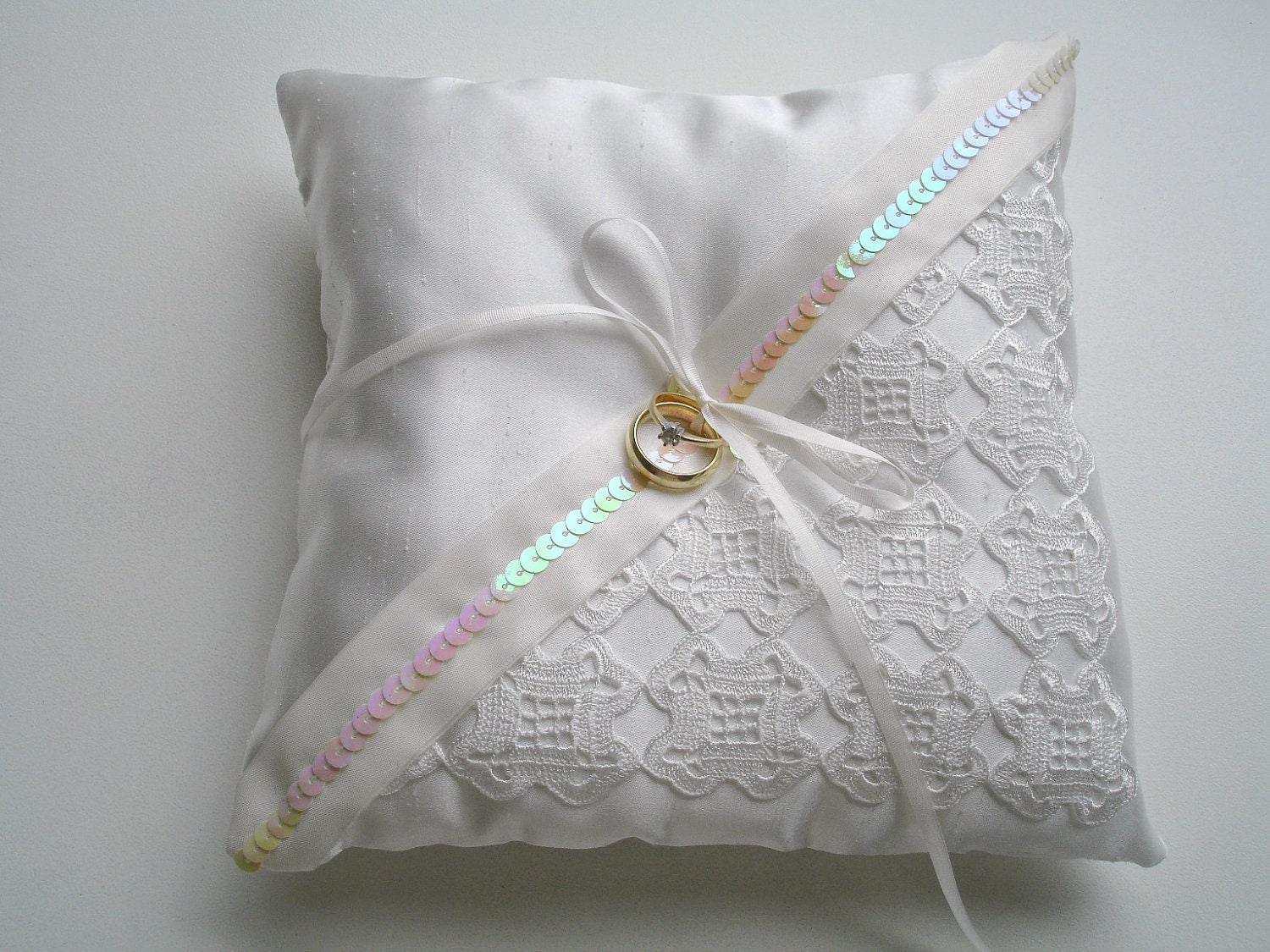 Ringbearer Pillow in Ivory Color With Handcrocheted Vintage Lace , ivory ribbons  and and sequins