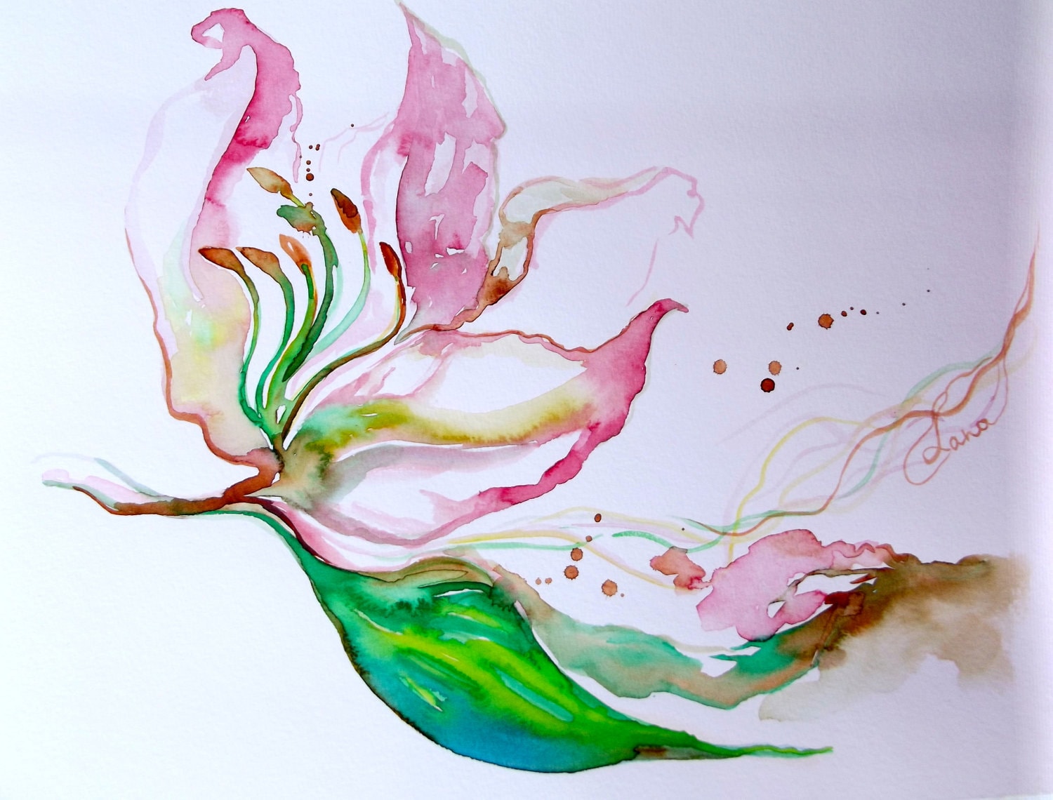 Flowers Painting Abstract Original Watercolor Pink by LanasArt