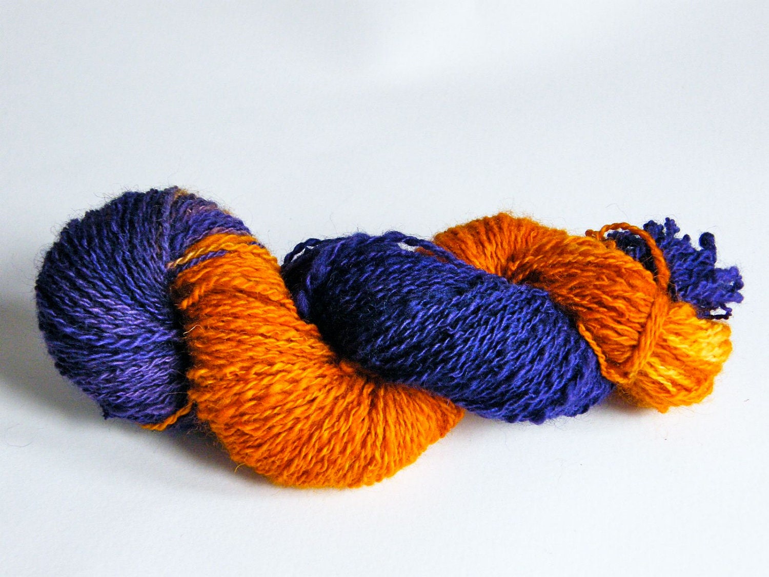Hand Spun & Dyed 50g 2 ply Wool Yarn, Purple-Blue, Yellow