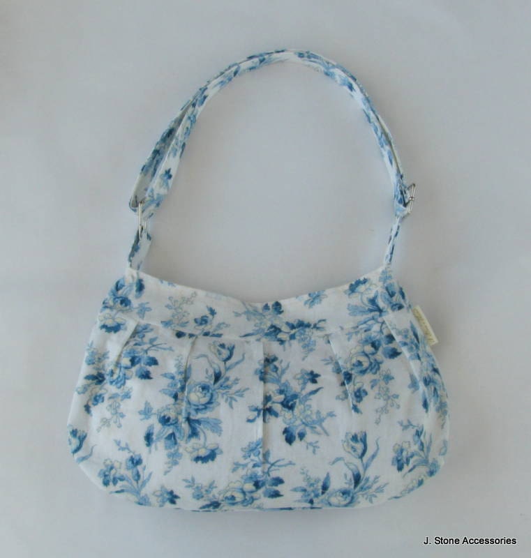 Women's Purse, Pleated Purse, Pleated White and Blue Floral Print Hobo Purse with Adjustable Strap