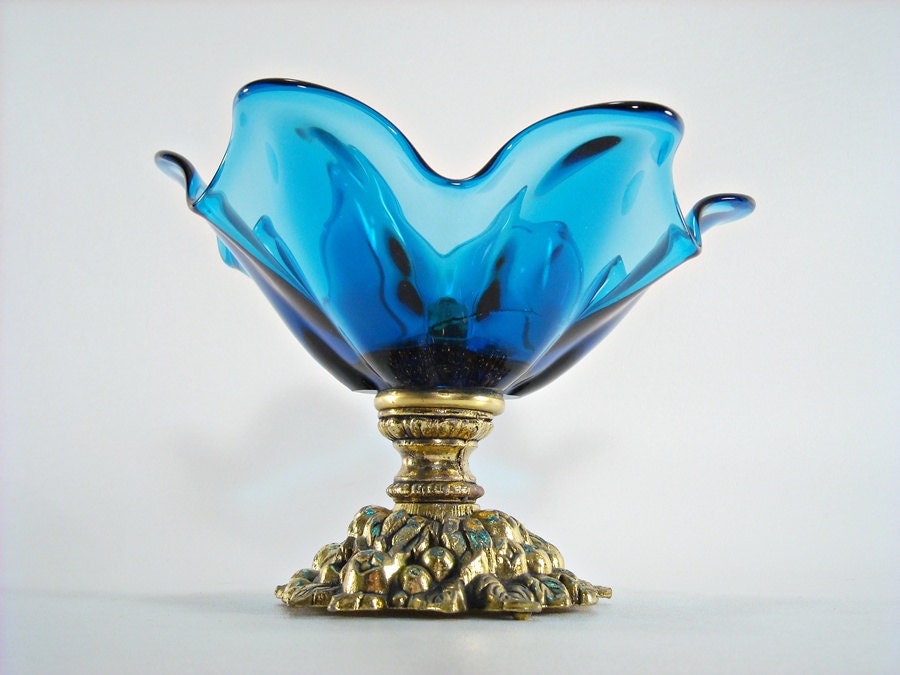 Mid Century Art Glass Pedestal Bowl Teal Blue Gold Metal Ornate