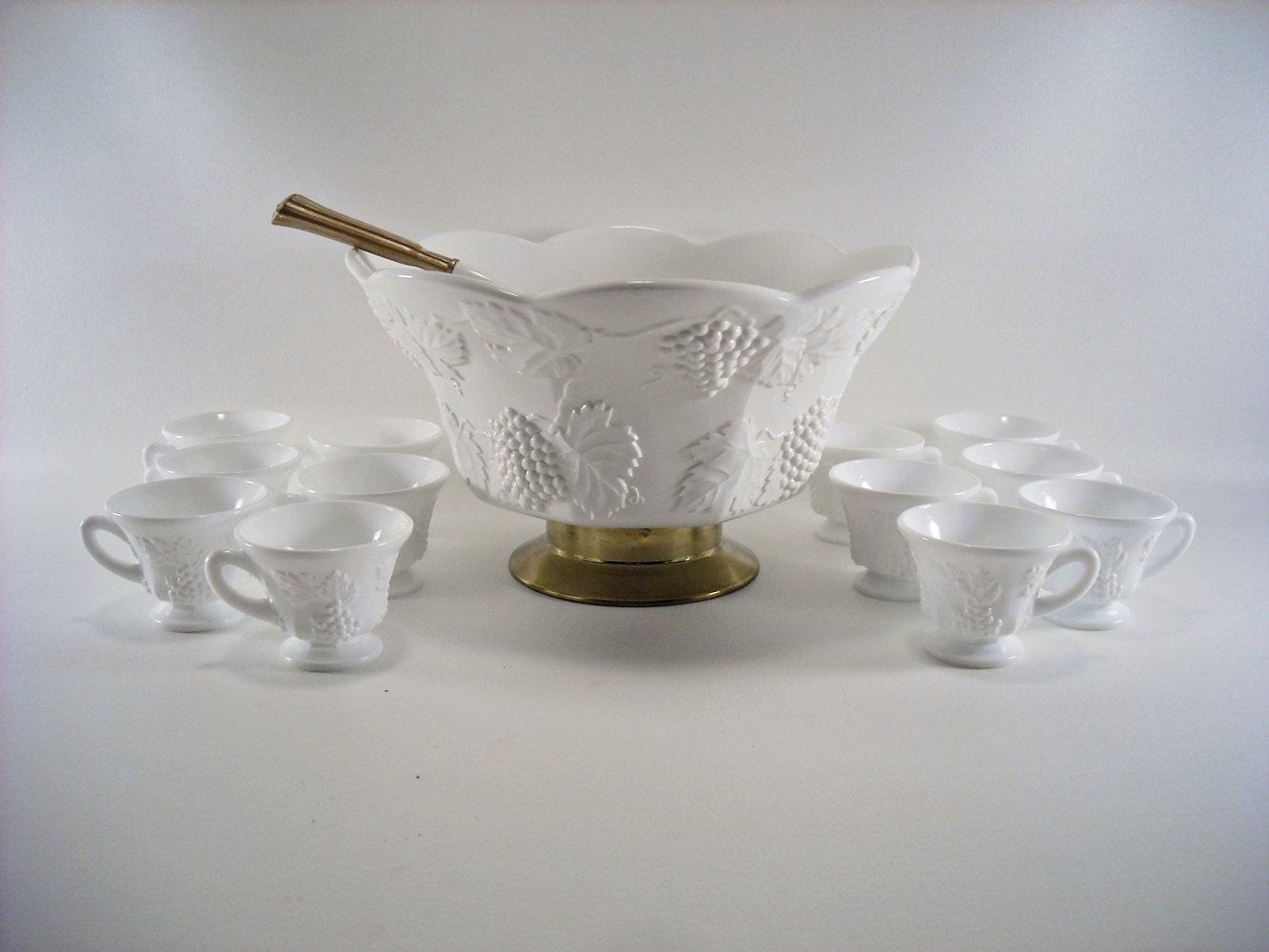 Mid Century Milk Glass Punch Bowl Set Grape by silverbranchhome
