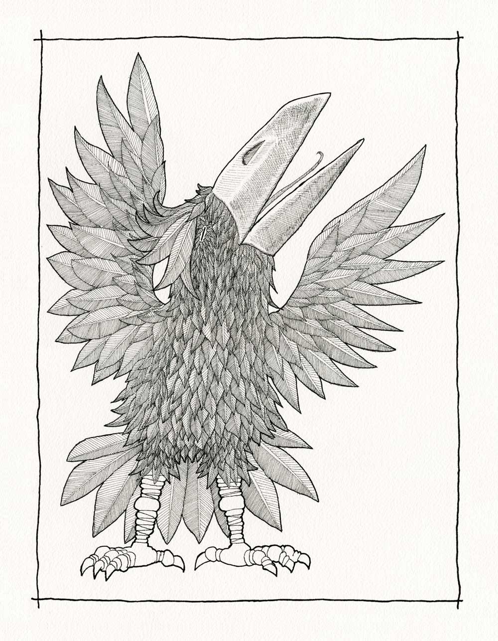 Joyous Bird, No. 1: Original drawing, exuberant, whimsical, black, white, intricate textures, fine detail, a fine art print.