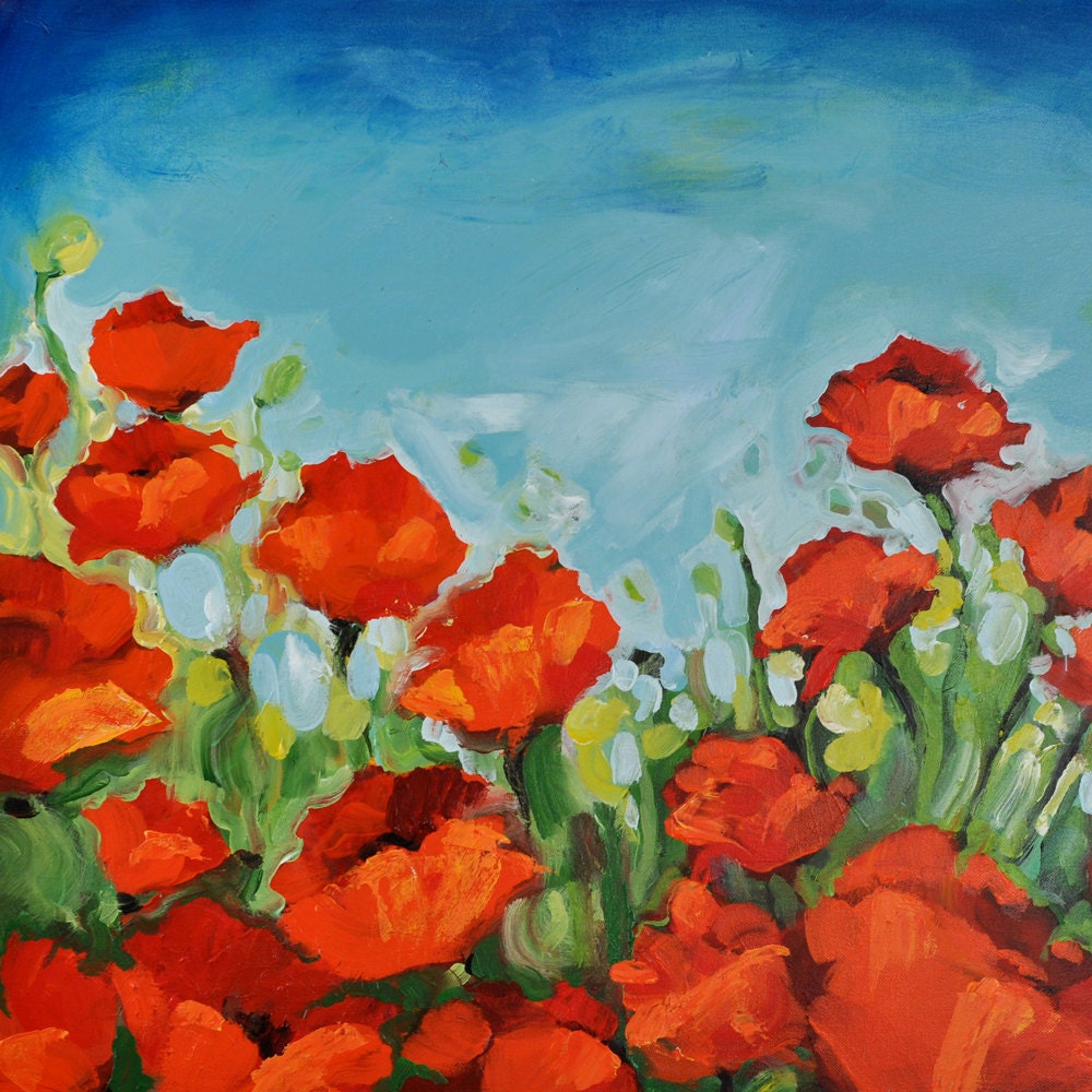 Poppies Large Original Painting - Custom Made - Flower Painting - 30 x 36 Inch  - Red Poppies in Field