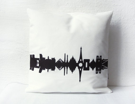 Paris City Throw Pillow Cushion Cover - 100% Cotton Twill - Paris City Skyline - hand screenprinted delicate chocolate