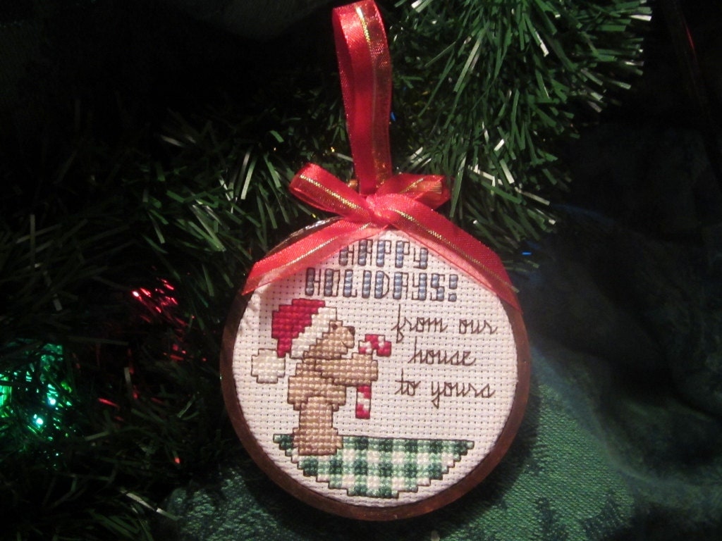 Happy Holidays Bear Cross Stitch Christmas Ornament