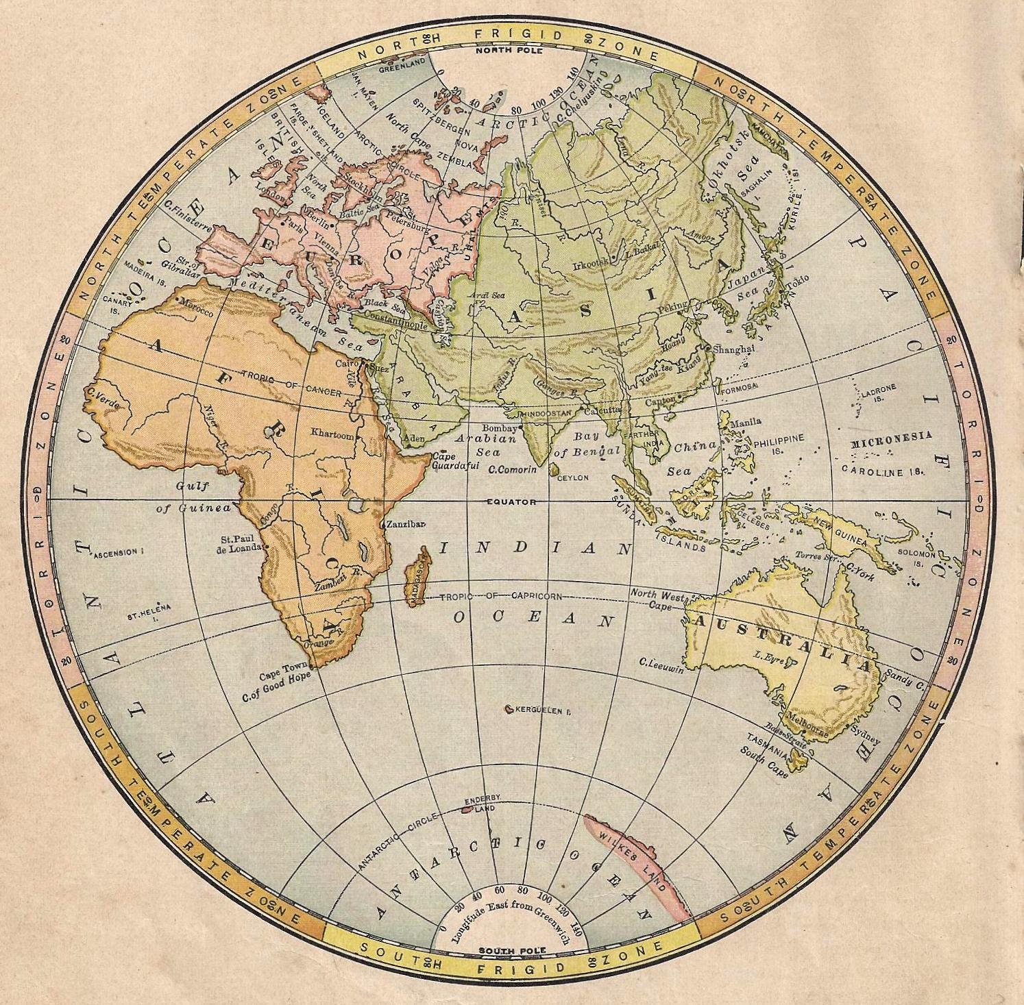 1888 Map Eastern Hemisphere Europe Asia Africa By Mypaperedpast
