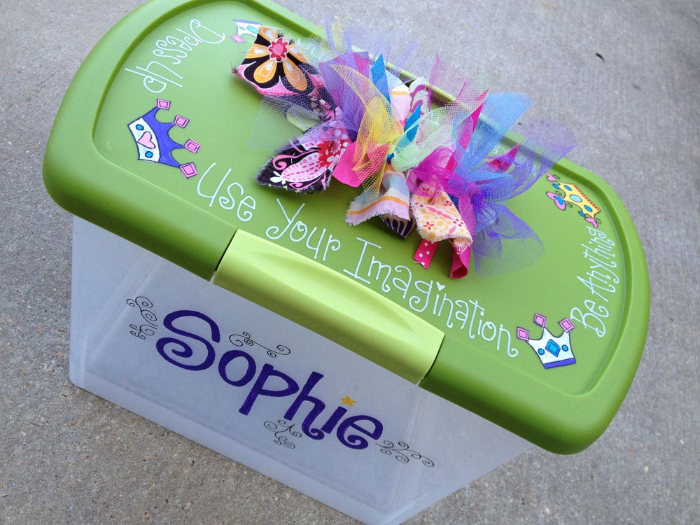 Cute, Fun, Functional: Custom, hand-painted large plastic storage container w/ latching lid & funky handle for kids