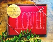 Hand-stamped Holiday Card Set - 10 Block-printed LOVE Cards - White on Red - Nordic Pattern - Christmas Blank Cards