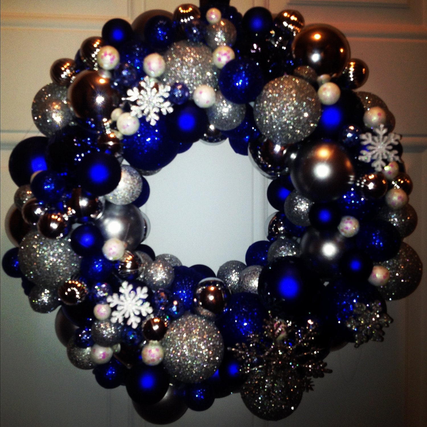 The "Snowy Day" Blue, Silver, and White Ornament Wreath