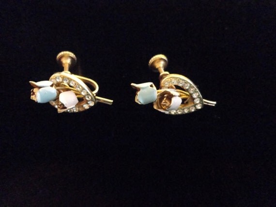 Vintage Pink & Blue Enamel Rose and Gold Tone, Clear Rhinestone Screw Back Earrings (MM1626)