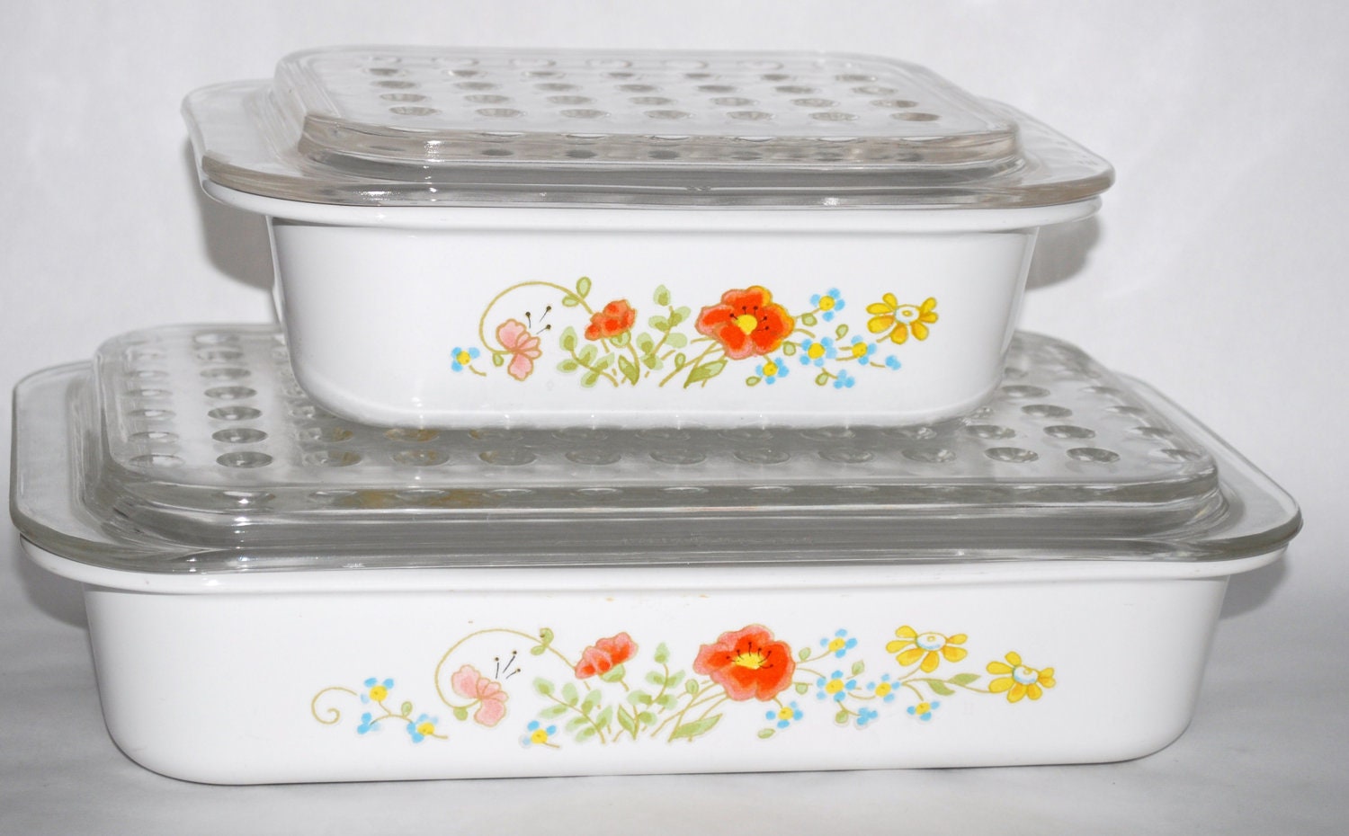 Two Beautiful Vintage Corning Ware Wildflower Casserole Dishes with Dimpled Lids