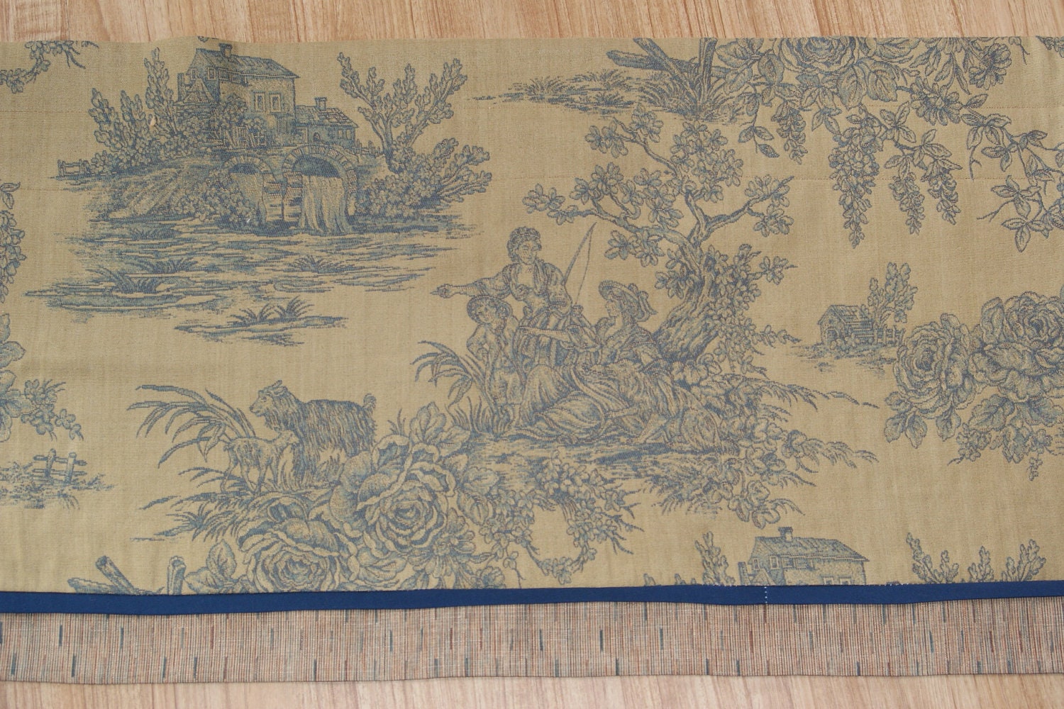 Blue Gold Brass Scenic Toile Valance 17" x 81" Drapery Weight Can Alter Curtain Window Treatment
