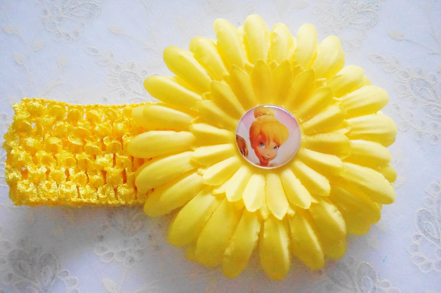 hair accessory for girls-Yellow Headband, Hairbow, Flower Hair Clip ,Headwear Crochet, Kid, Baby, Girl, Accessory , Tinkerbell Accessory