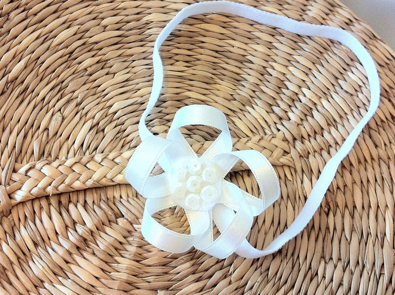 white flower stretchy headband, hairband for baby, girl, for christening, made form white satin - FairyDustHeadbands