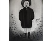 Girl in hat - original tiny black and white dark contrast old photo  pastel drawing / portrait card  by Liana Gaigal. Europeanstreetteam
