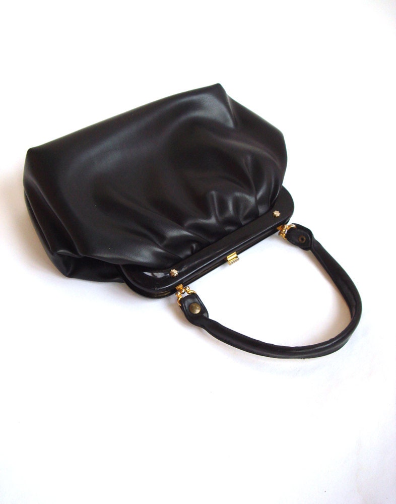 Vintage leather Purse/ Small Black 60's handbag/Soviet Design accessory/ Gift for her