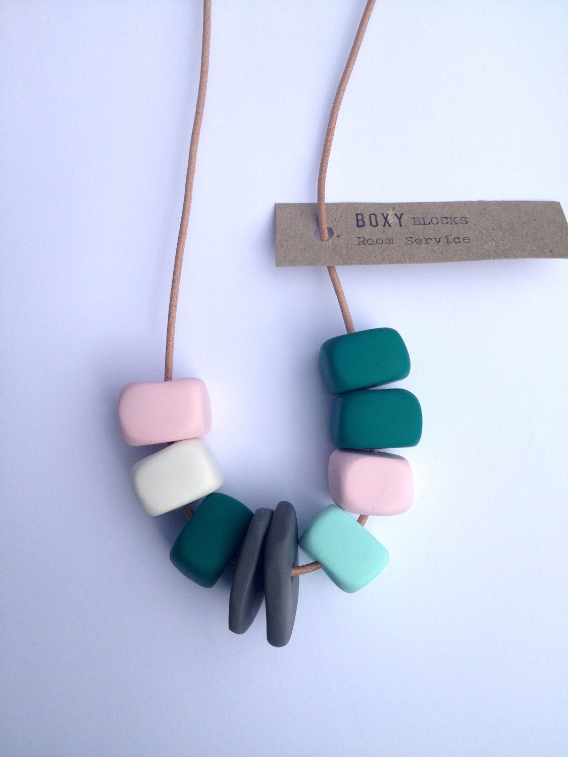 ROOM SERVICE Handmade Boxy Clay Bead Necklace - Emerald, Pink, Grey