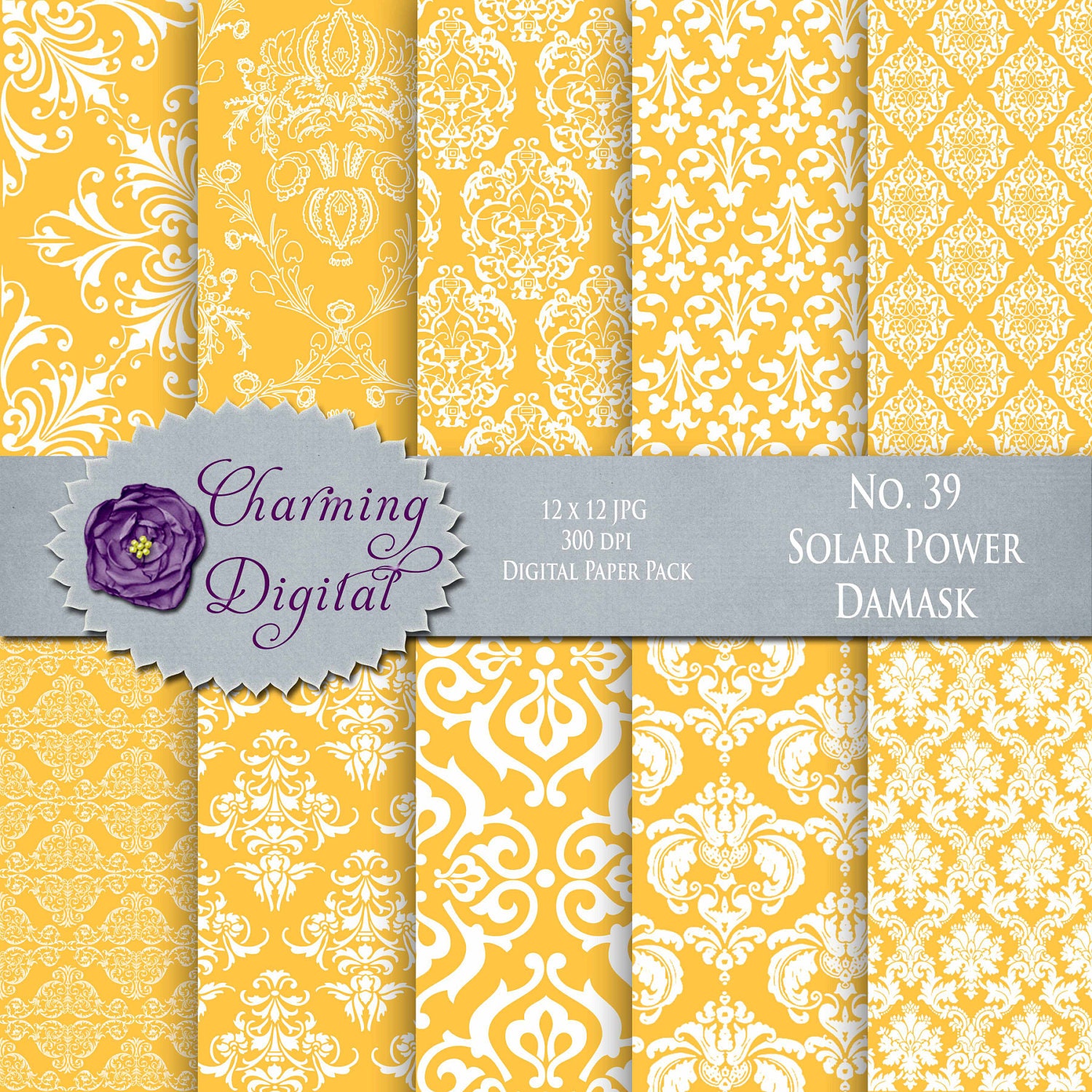 Yellow Damask Digital Paper Yellow Scrapbooking by CharmingDigital