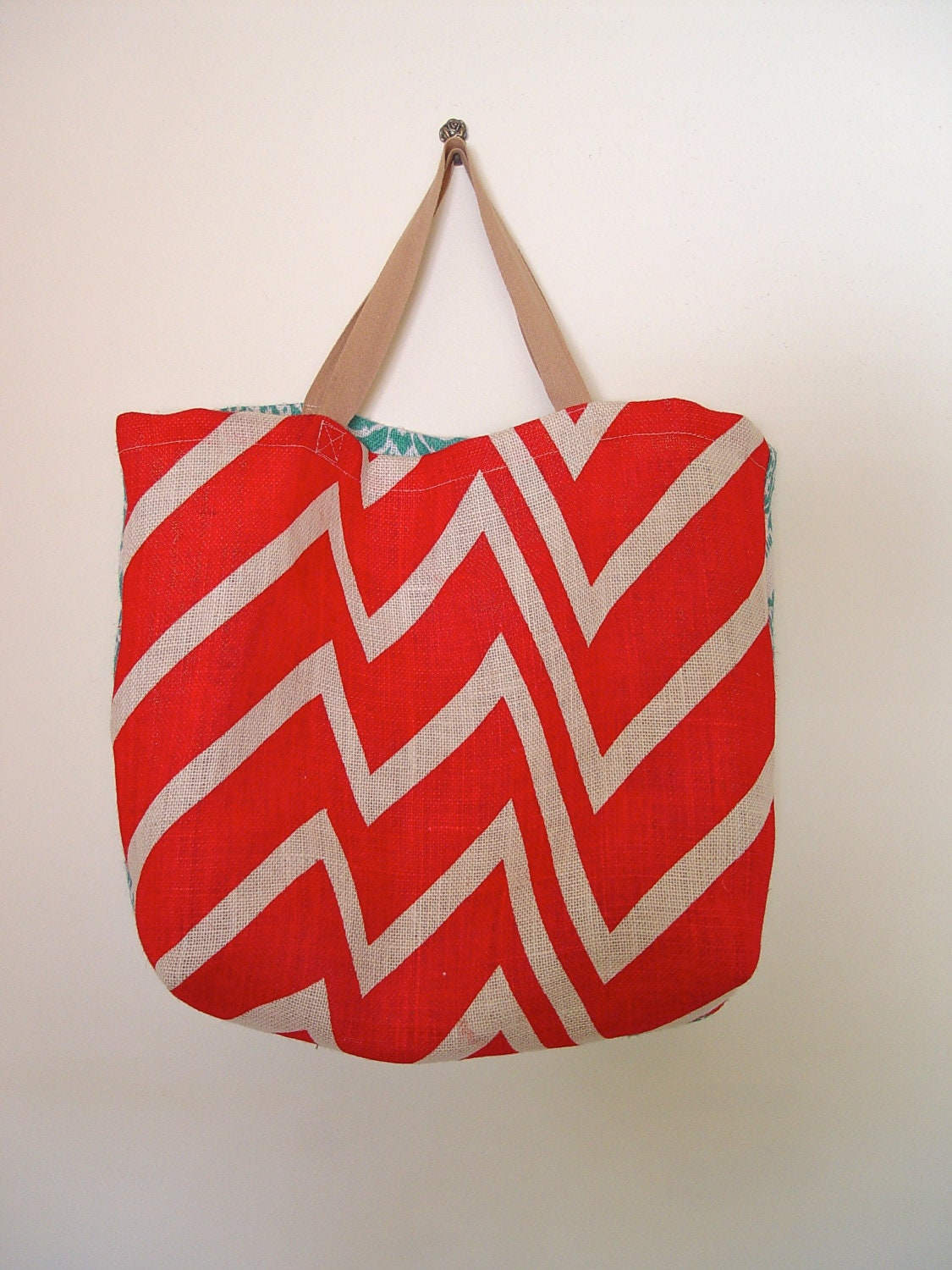 TOTE BAG - Handmade Hessian Tote Bag, Two Way Red Chevron and Teal design. Beach bag, nappy bag, market bag or carry all canvas jute bag.
