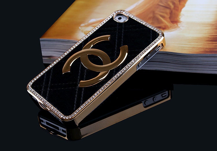 Cute Bigger Gold LOGO CC iPhone Case //  Black Leather Case// Case White Crystals // Case for iPhone4 /4s // iPhone Hard Case