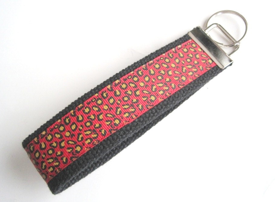 Key Chain...Key Fob...Wristlet...Lanyard...Camera Strap-Red Black Leopard Spots- Nursery Teacher Gift