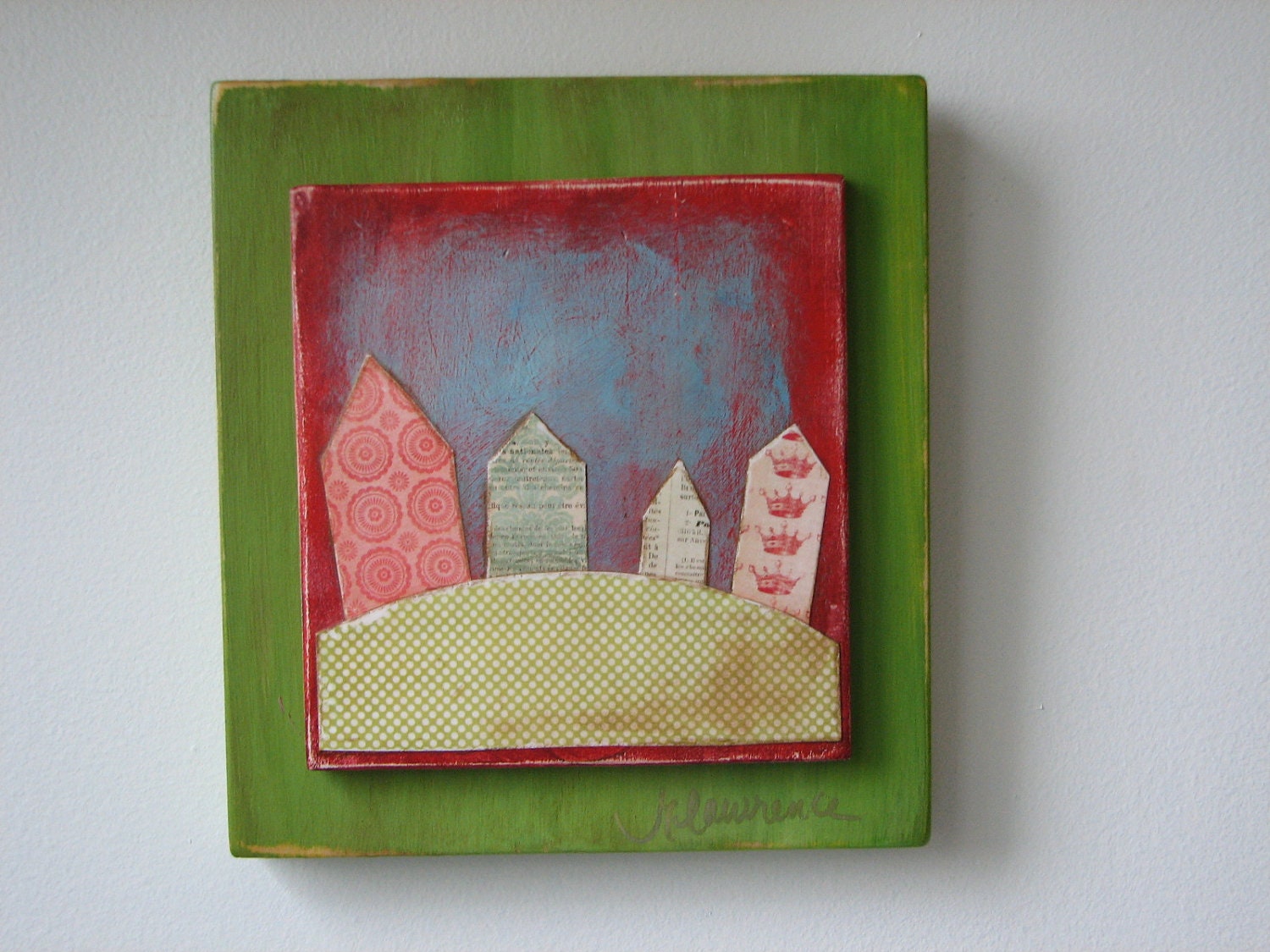 Hand Painted Mounted Art Block Decoupage Houses