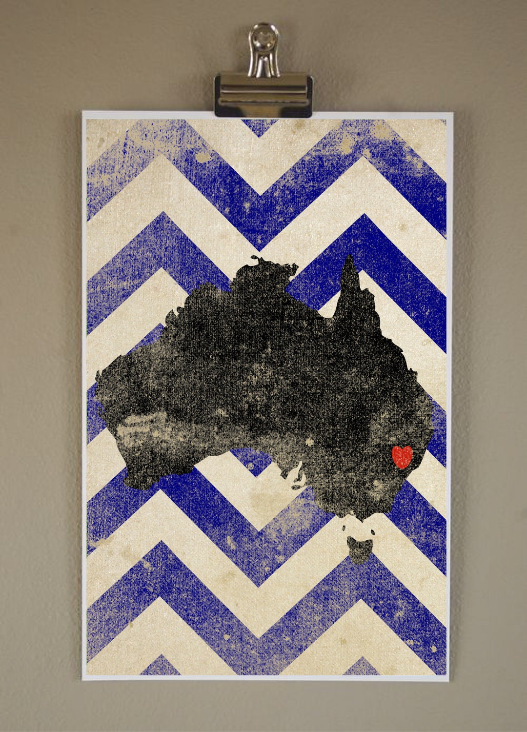 Australia Silhouette on Chevron Background: 11X17 Art Print, With Heart Studios - Poster, Nursery, Vintage