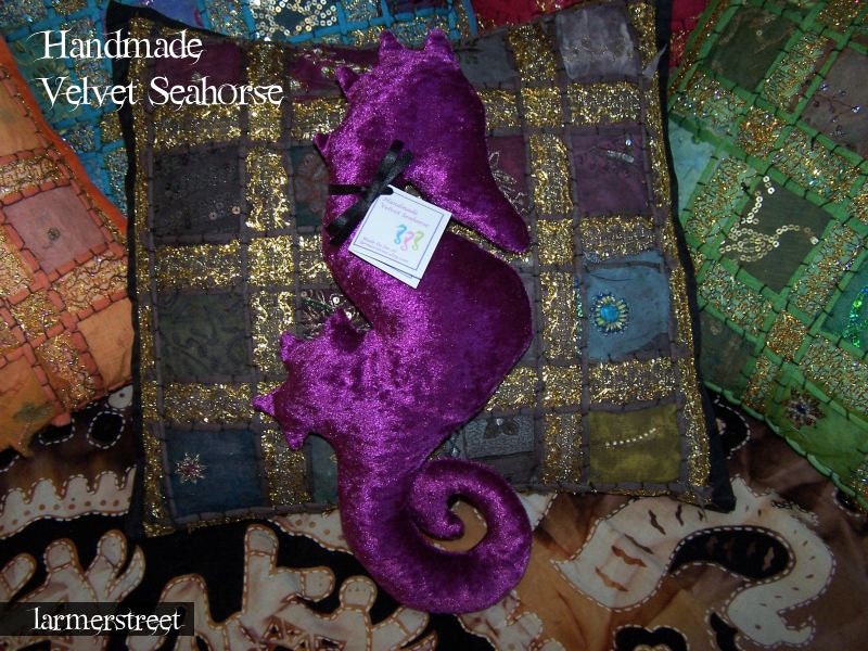 Handmade Velvet Seahorse in luscious CERISE. Bed and lounge decoration. Safe for Babies & Children.