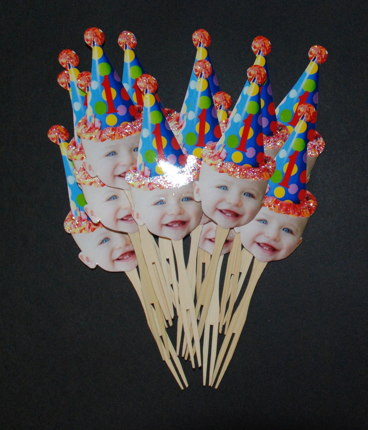 Photo cupcake toppers with blue dot hat. set of 12