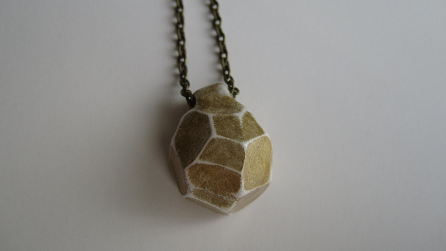 Polymer Clay Faceted Necklace -- Metallic gold handpainted faceted clay bead strung on antique brass chain, unique handmade jewelry
