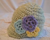 Crocheted Brimmed  Beanie Girl Infant Green Hat Purple Teal Yellow Flowers Ready to Ship