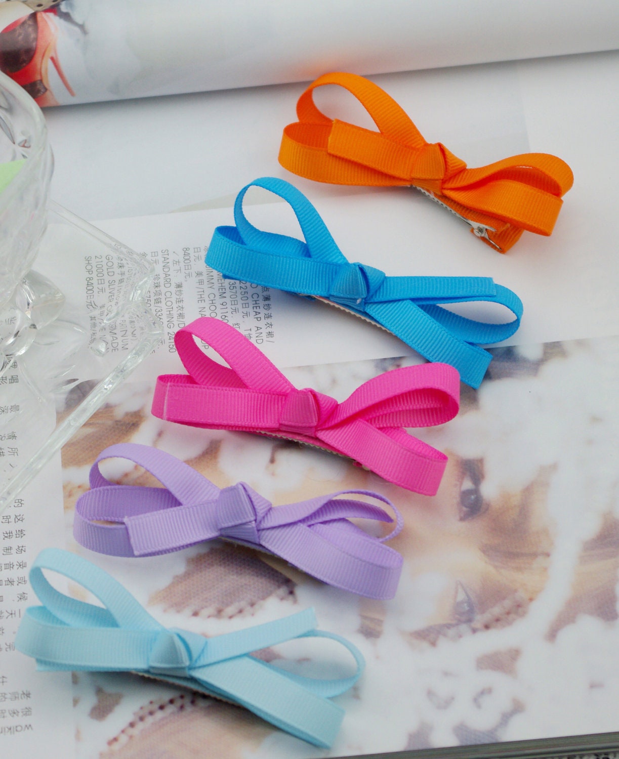 Girls Hair Bows Hairbows Baby Hairbow Baby Girl Hair Clips Made of 3/8'' Grosgrain Ribbon 5 PCS SET Yellow Blue Light Blue Pink Lilac