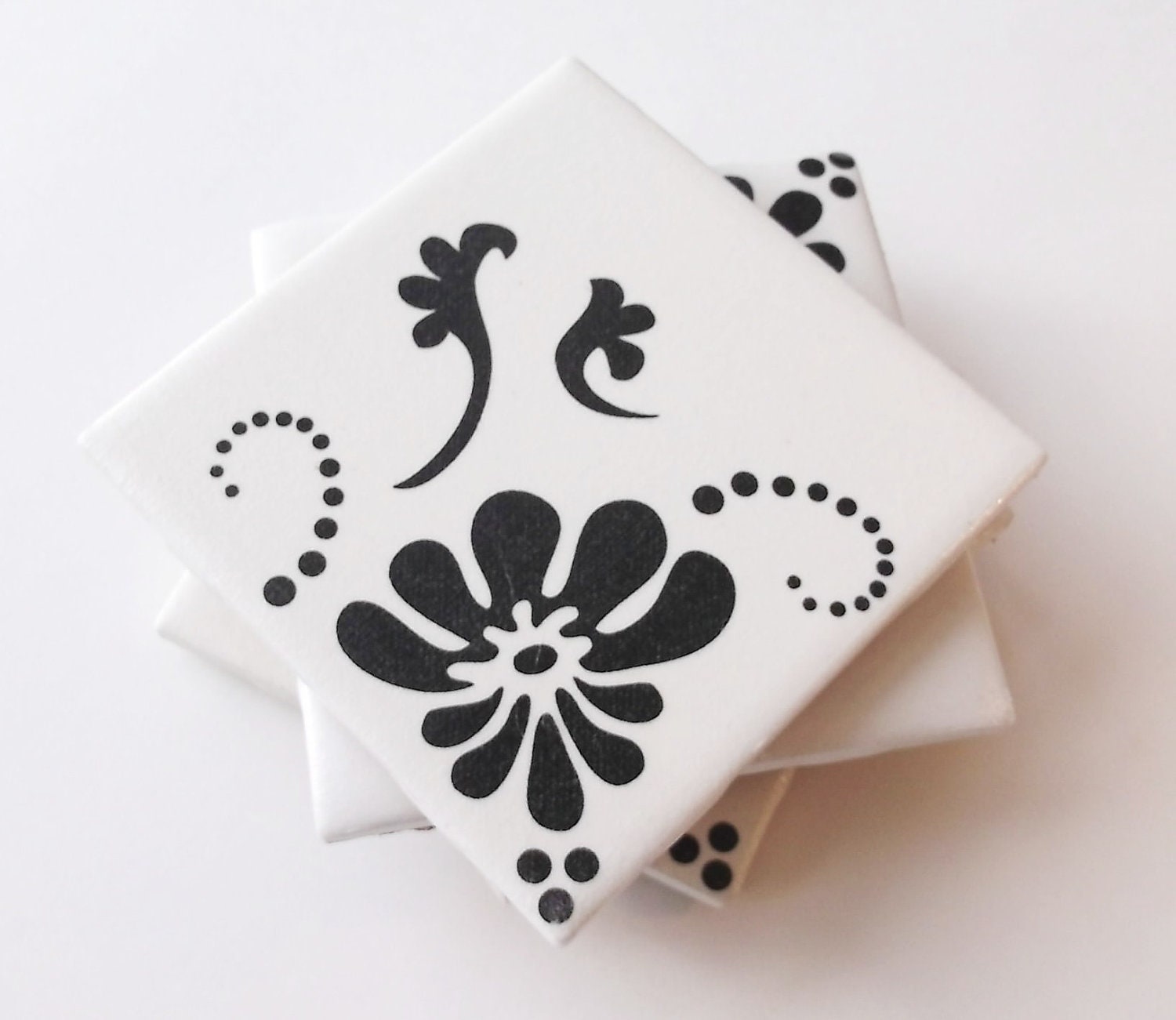 Ceramic Tile Coaster, Tile Coasters Set, Retro Black Flower on White, Beverage Coasters