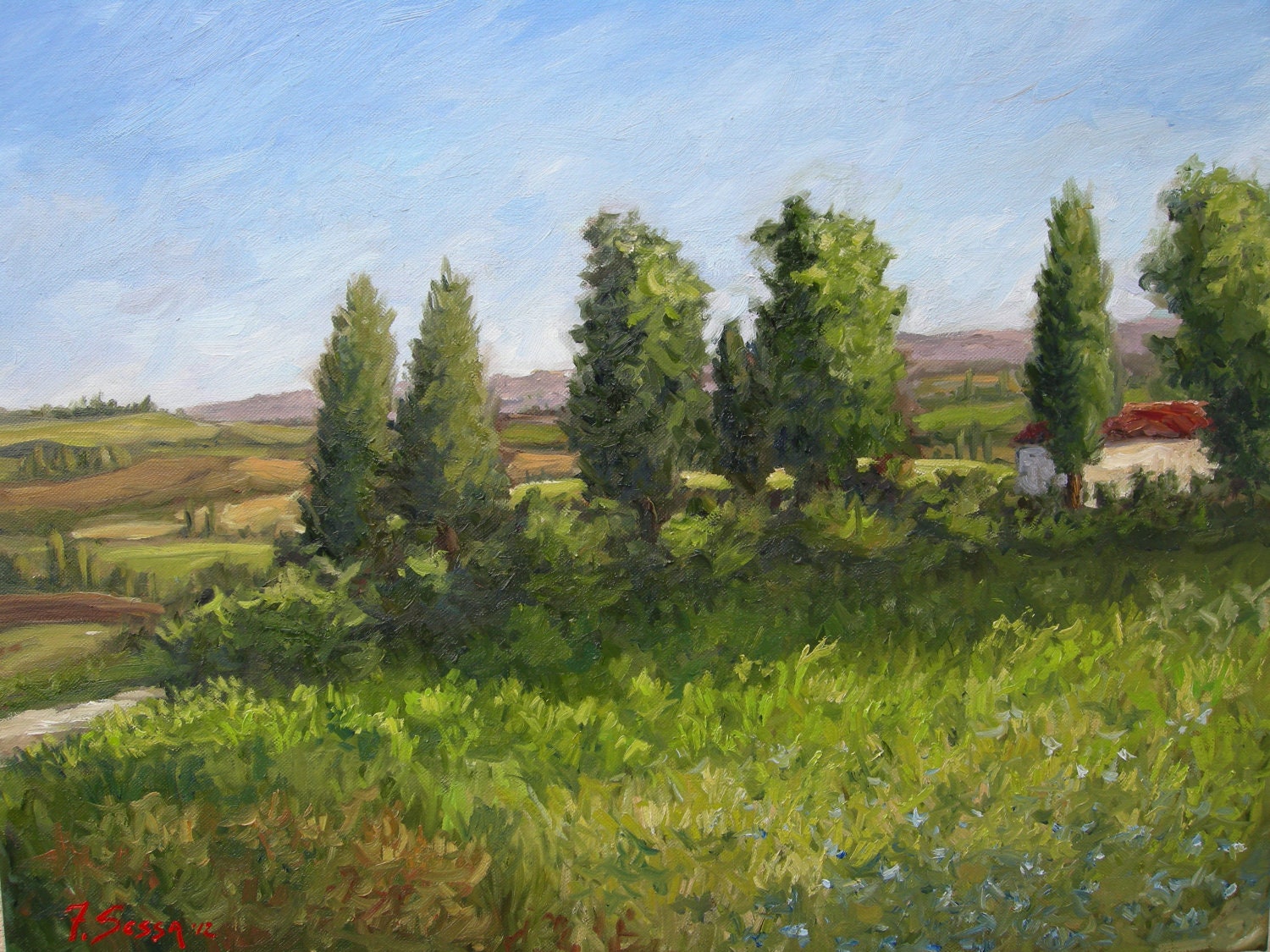 Original oil Painting, oil on canvas, landscape, impressionist, Italy, Tuscany, vineyard, hills, trees, blue sky, 20x24, Sessa