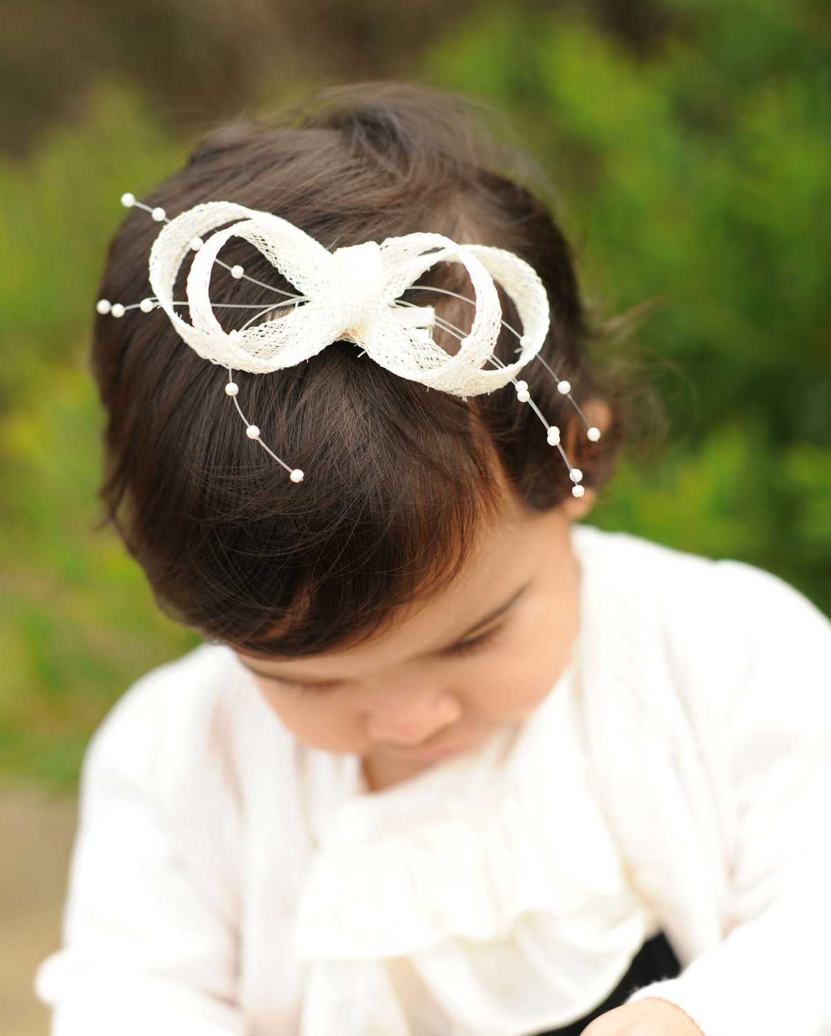 Girls or women white  sinamay hair clip with pearls - a very nice hair accessory for Wedding, bridal showers or other special occasions