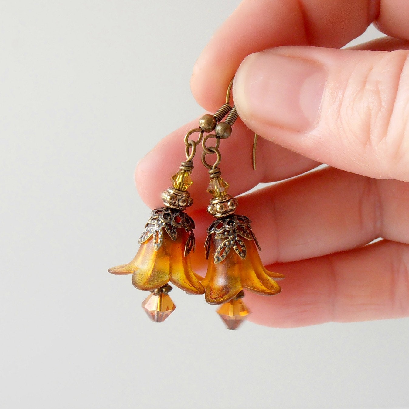 Lucite Flower Earrings Topaz Brown Beaded Dangles Vintage Look Antiqued Bronze Romantic Jewelry Handmade