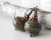 Glass Bead Earrings Green and Brown Lampwork Dangles Woodland Style Antiqued Bronze Earthtone Casual Beaded Jewelry - CopperNichols