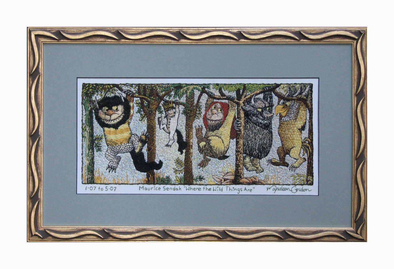12"x19" Where the Wild Things Are print of hand embroidered oginal on canvas or brushed aluminum