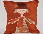Cushion cover, decorative pillow, girl with brown hat, autumn colors, kids appliquÃ© pillow, decoration sofa, unique room decor, handmade. - AgaArtFactory