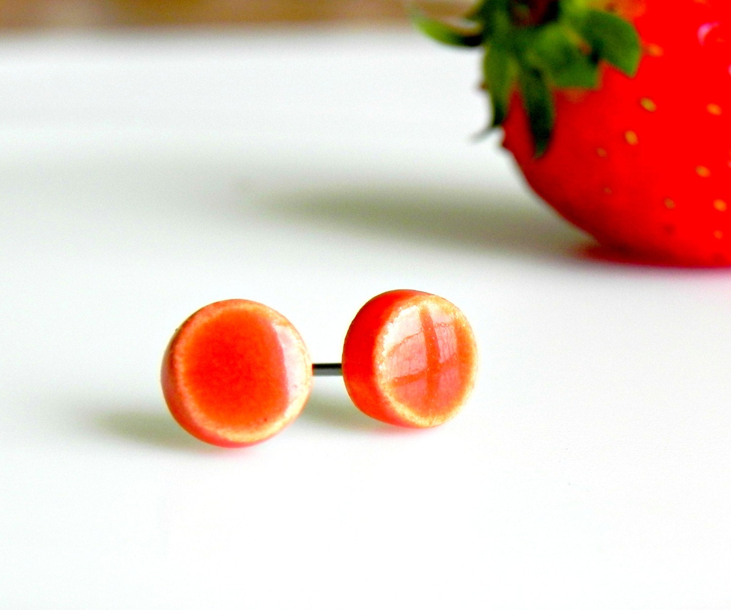 Tiny Orange Post Earrings Ceramic Geometric Earrings Stud Hypoallergen Minimlist Nectarin Round Every Day Jewelry - LemoneRouge