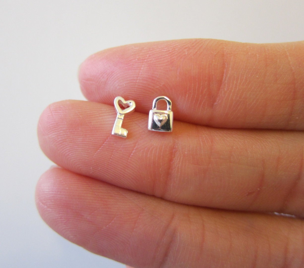 Tiny Sterling Silver Key Lock Stud Earrings by GreatJewelry4All