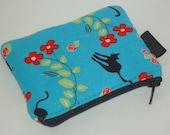 Limited Edition Padded Zippy Pouch -- Retro Vintage Style Black Cats on Turquoise