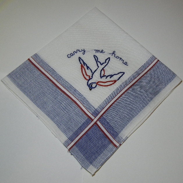 Hand Embroidered Vintage Striped Men's Handkerchief --  Carry Me Home Tattoo Swallow Embroidery