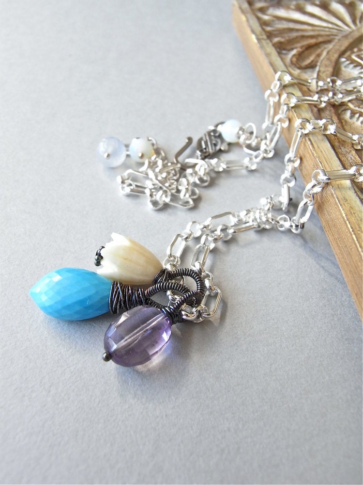 Necklace - sterling silver, wire wrapped, oxidised, turquoise, pink amethyst, vintage carved bone, vintage glass, chalcedony - Crossandra