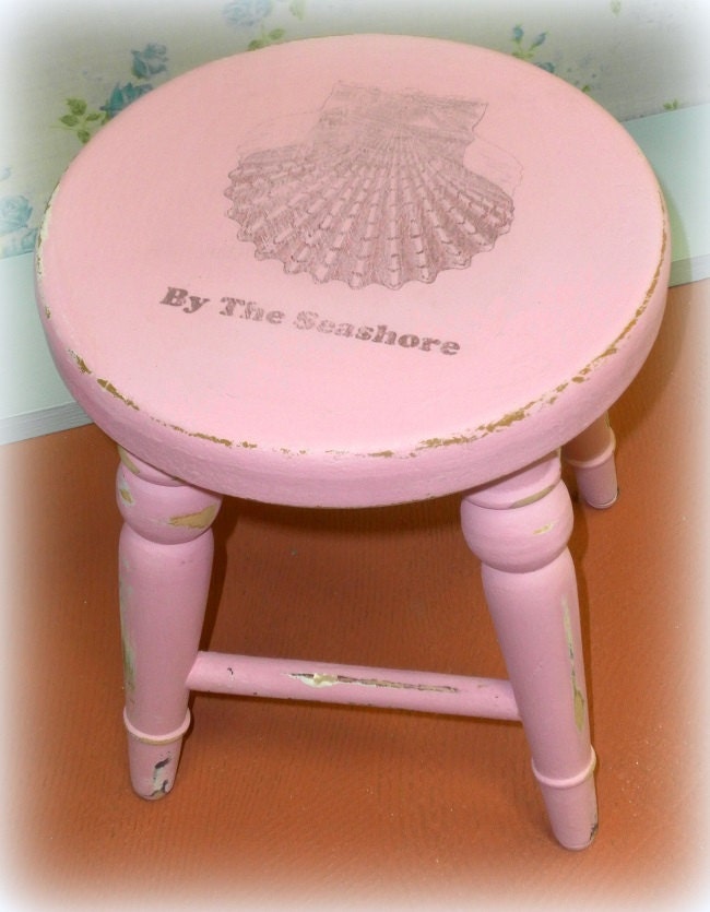 Pink Beachy Seashell Plant Stand / Stool - Upcycled Shabby Beach Cottage Decor